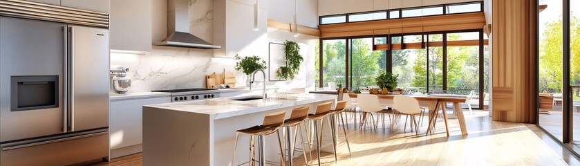 Obraz premium Modern Kitchen with Island and View.