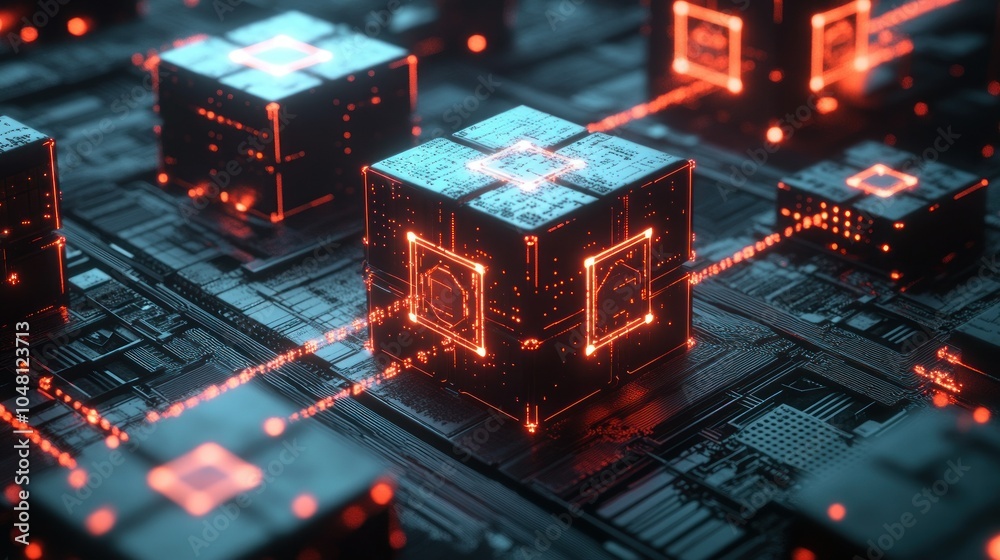 Poster Glowing Red Lines Connecting Futuristic Black Cubes on a Circuit Board