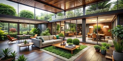 Fototapeta premium Mid-Century Modern Suburban House with Indoor Garden Blending Indoors and Outdoors - Architectural Design, Nature Integration, Home Aesthetics, Green Living