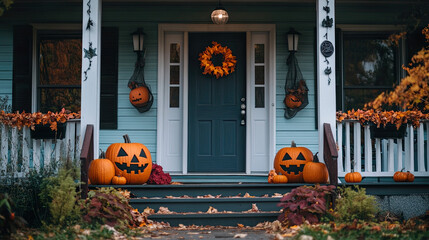 Exterior view of home decorated Halloween  front yard of home