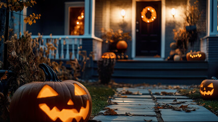 Obraz premium Exterior view of home decorated Halloween &nbsp;front yard of home