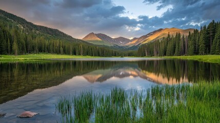 Fototapeta premium Dawn's Embrace: Tranquil Reflections on a Lake