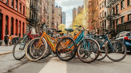 Obraz premium A Row of Bicycles Parked on a City Street