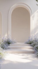 An empty scene featuring blank mockup template (a beautiful wedding setup with forget-me-nots lining the aisle and decorative arches), 