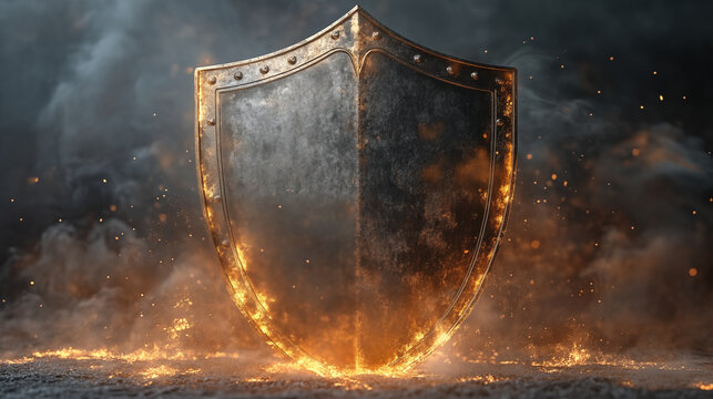 Medieval metal shield with burning flames and sparks in dark atmospheric setting