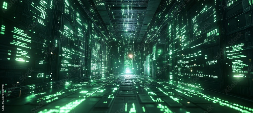 Aufkleber green matrix virtual digital space portal technology background. generative ai technology.