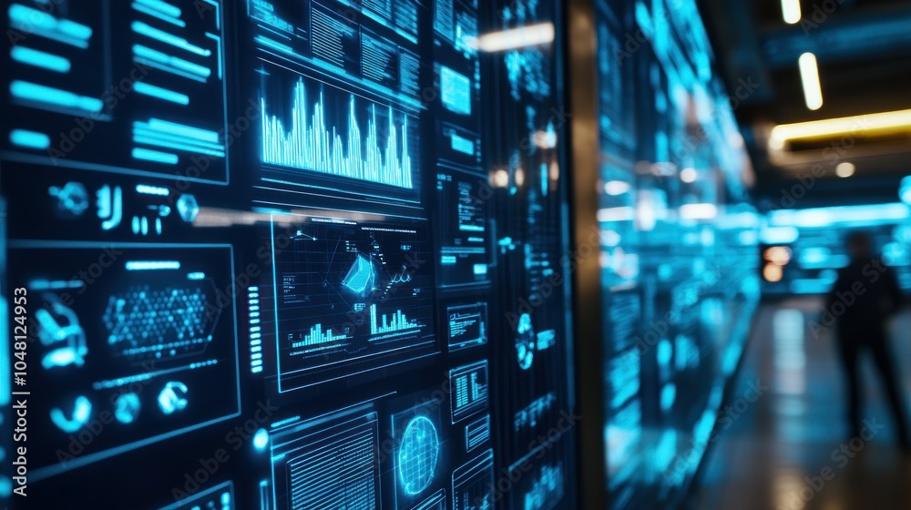 Poster Wall of Glowing Screens Displaying Data and Graphs