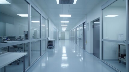 Sterile Hallway with Glass Partitions and Reflective Floor in a Modern Facility