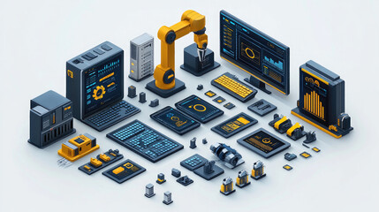 Isometric illustration of computer components connected by lines.