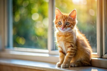 Minimalist Photography of a Ginger Kitten on a Windowsill, Observing the Outside World with Wonder and Curiosity, Perfect for Cat Lovers and Home Decor