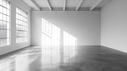 Fototapeta premium Sleek Industrial Space, minimalist design, open layout, pristine white walls, smooth concrete flooring, ideal for creative projects or events