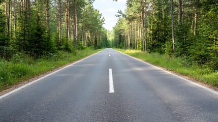 Obraz premium A tranquil stretch of road surrounded by lush green forests inviting exploration and adventure