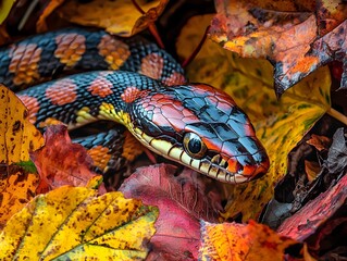 Obraz premium Brightly Colored Snake Blending Into Vibrant Autumn Foliage Symbolizing Stealth and Adaptability
