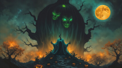 Fototapeta premium Spooky Halloween Scene with Ghost and Carved Pumpkins Under Moonlight