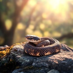Fototapeta premium Coiled Snake Basking on Sunlit Rock in Natural Habitat