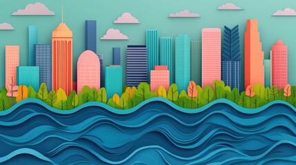 A vibrant, whimsical cityscape made from colorful paper layers, featuring waves and greenery against a bright blue background.