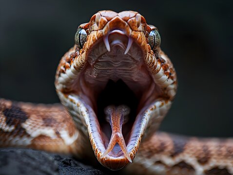Yawning Snake Displaying Sharp Fangs in Open Mouth Wildlife Closeup