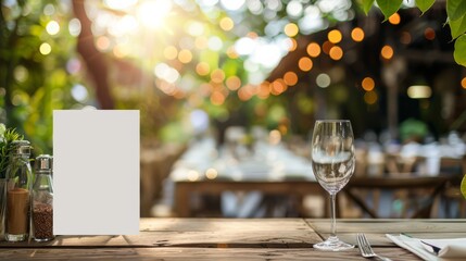 A blank sign rests on a rustic wooden table, set against a dreamy backdrop of an idyllic outdoor dining area. The scene is bathed in warm sunlight.