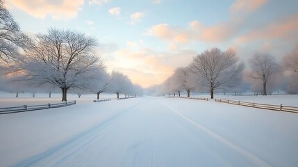 Obraz premium Serene winter landscape a tranquil scene of snow-covered trees under a soft blue sky at sunset