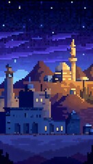 Middle Eastern cityscape with minarets and mountains at night pixel art background. 8-bit game assets