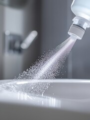 A spray bottle in use, dispensing cleaning solution onto the surface of a white bathroom sink. 
Close-up