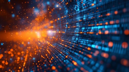 Blue and orange background with computer code, software development concept