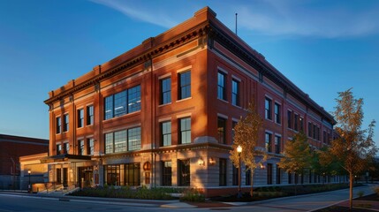Obraz premium Brick Building with Large Windows and Streetlights at Dusk