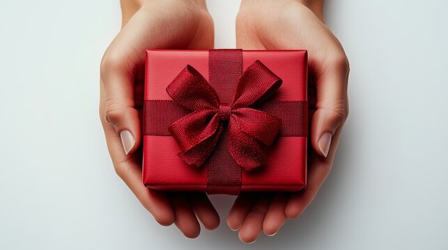 Close-up of hands holding red gift box with ribbon isolated on white background