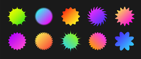 Set of starburst price in retro style on dark background. Colorful gradient Promotion tags collection. Trendy Y2K style. Flat Vector illustration.