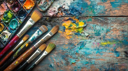 Obraz premium Close-up of painting tools on a rustic wooden table, featuring colorful paint tubes, brushes of various sizes, and a palette filled with vibrant colors, ready for a creative session