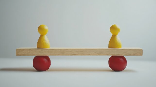 Red and yellow pawn figures positioned on either end of a wooden seesaw, gently tilting as they balance, set against a clean, minimalistic backdrop, illustrating the concept of balance and compromise