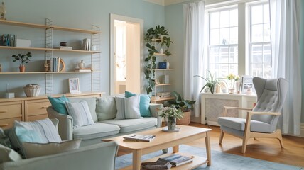 a cozy living room with soft pastel colors, light wooden furniture, and a comfortable armchair by...