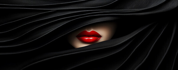 Abstract fashion image with dramatic lighting, hidden female face beneath a rippled black hat, bold red lips as the focal point