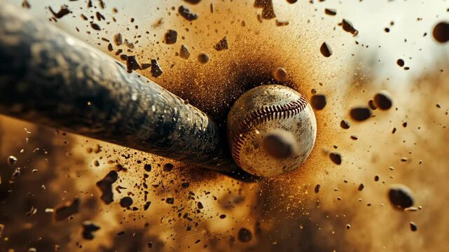 A baseball is hit by a bat, sending dirt and dust flying through the air