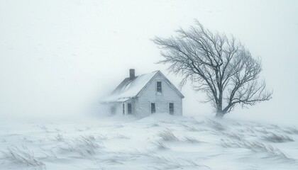 Wind-blown snow envelops a house and a solitary tree after a storm.