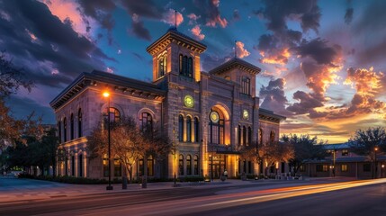 Fototapeta premium Historic Stone Building with Sunset Sky and Street Lights