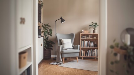 a cozy minimalist reading nook with a comfortable chair, a small bookshelf filled with books, and a floor lamp.