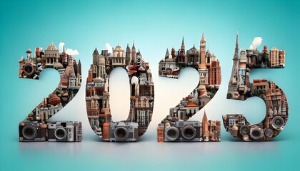 Obraz premium Capturing Time: A Visual Journey Through 2025 with Iconic Landmarks and Cameras