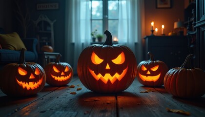 Obraz premium Dark and spooky room setting with Halloween pumpkin carving in progress surrounded by shadows and eerie lighting effects.