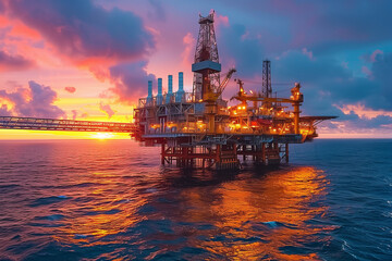 Fototapeta premium Stunning Offshore Oil Rig Against Vibrant Sunset Over Calm Ocean Seascape