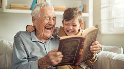 A grandfather and grandson are laughing while reading a book together. AI.