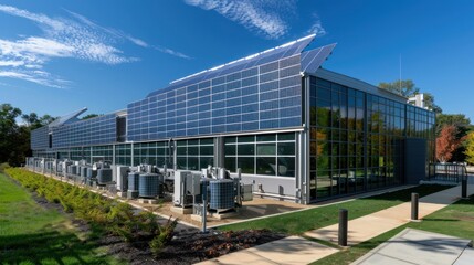 Modern Building with Solar Panels and Glass Facade