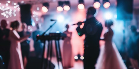 A blurry photo of a crowd of people at a party with lights and a microphone. AI.
