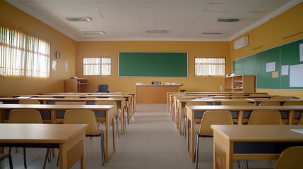 A bright and spacious classroom ready for learning with desks and chairs arranged neatly for students and teachers