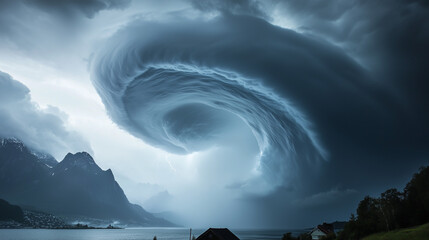 An giant Hurricane lands on a fjord stormy sky