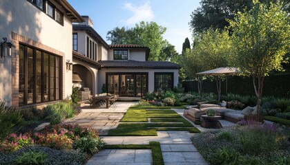 Obraz premium Landscaped backyard featuring a patio area, ideal for outdoor gatherings.