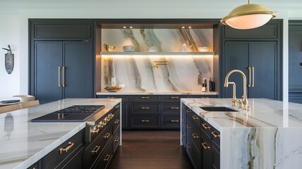 a luxurious modern kitchen with dark cabinetry, gold hardware, and a waterfall marble countertop