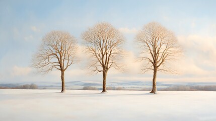 Fototapeta premium Serenity in winter a tranquil landscape of leafless trees under a soft blue sky in a snow-covered field