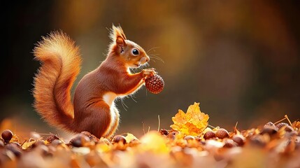 Squirrel Collecting Acorns in Autumn Forest