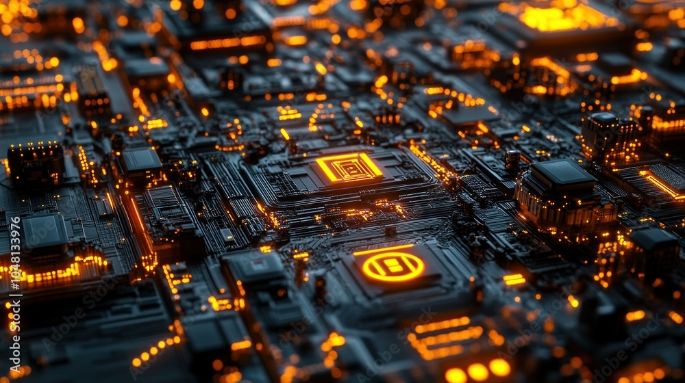 Poster Close-up of a Futuristic Circuit Board with Glowing Orange Lines and Components